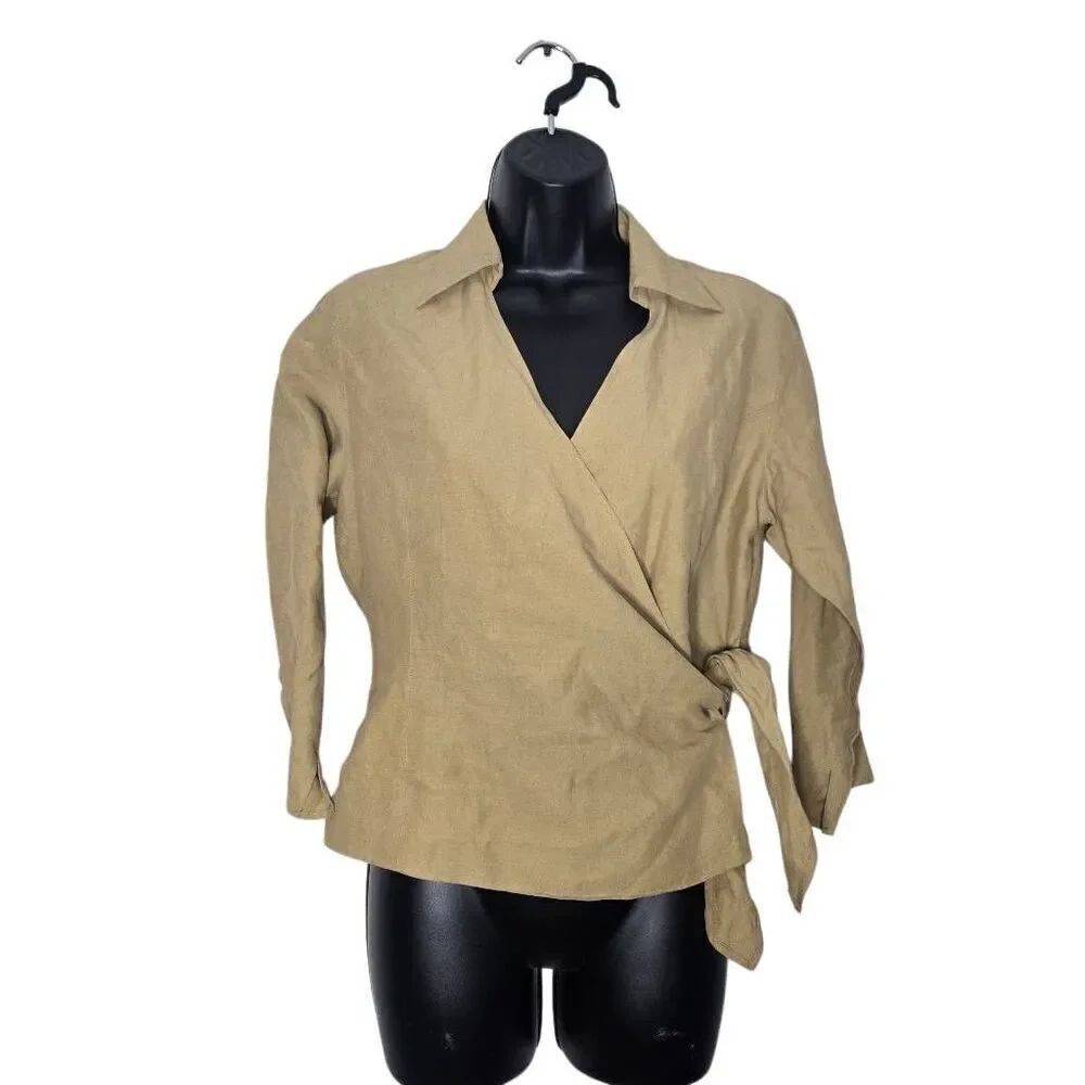 Anne Carson Blouse Size Small Silk Linen Cross Side Tie Collard